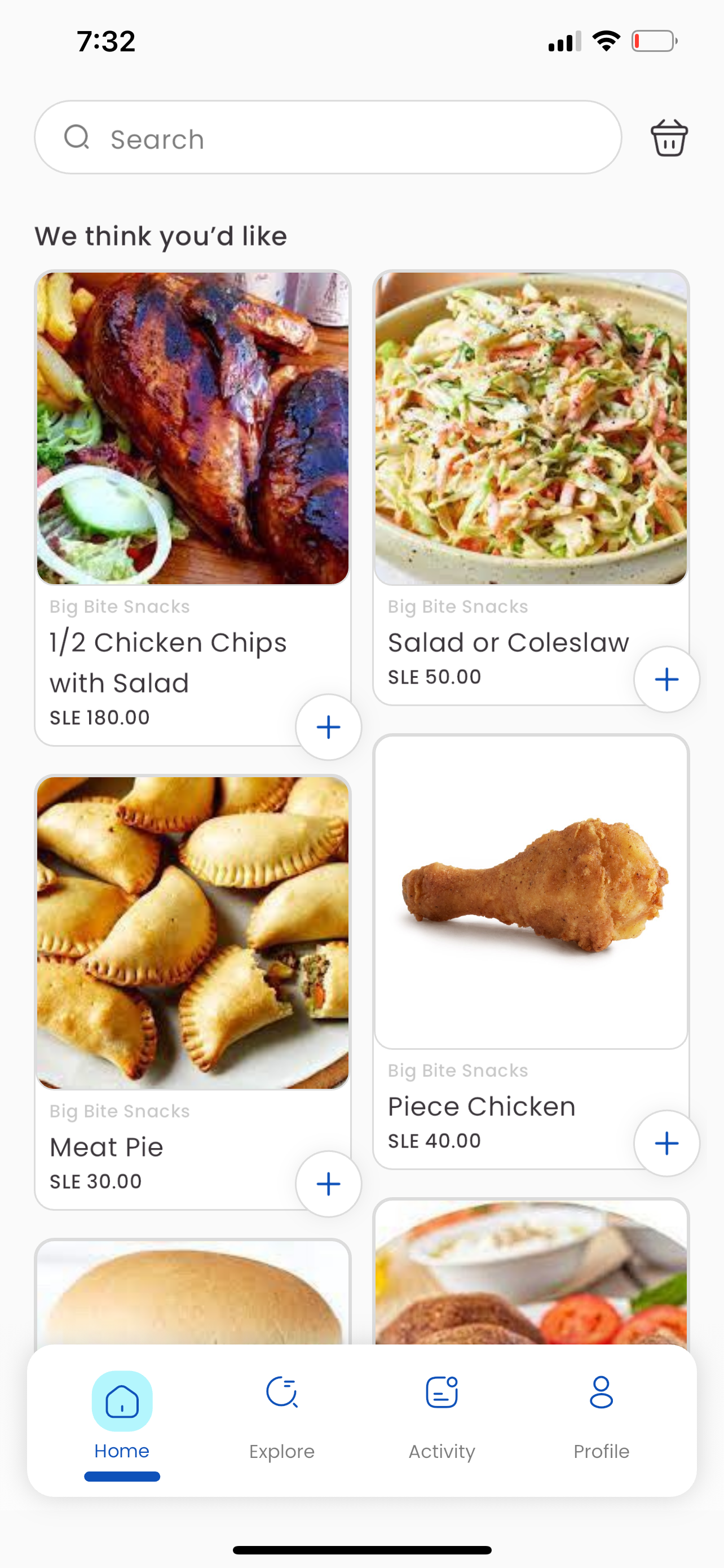 SendMe App Food Menu